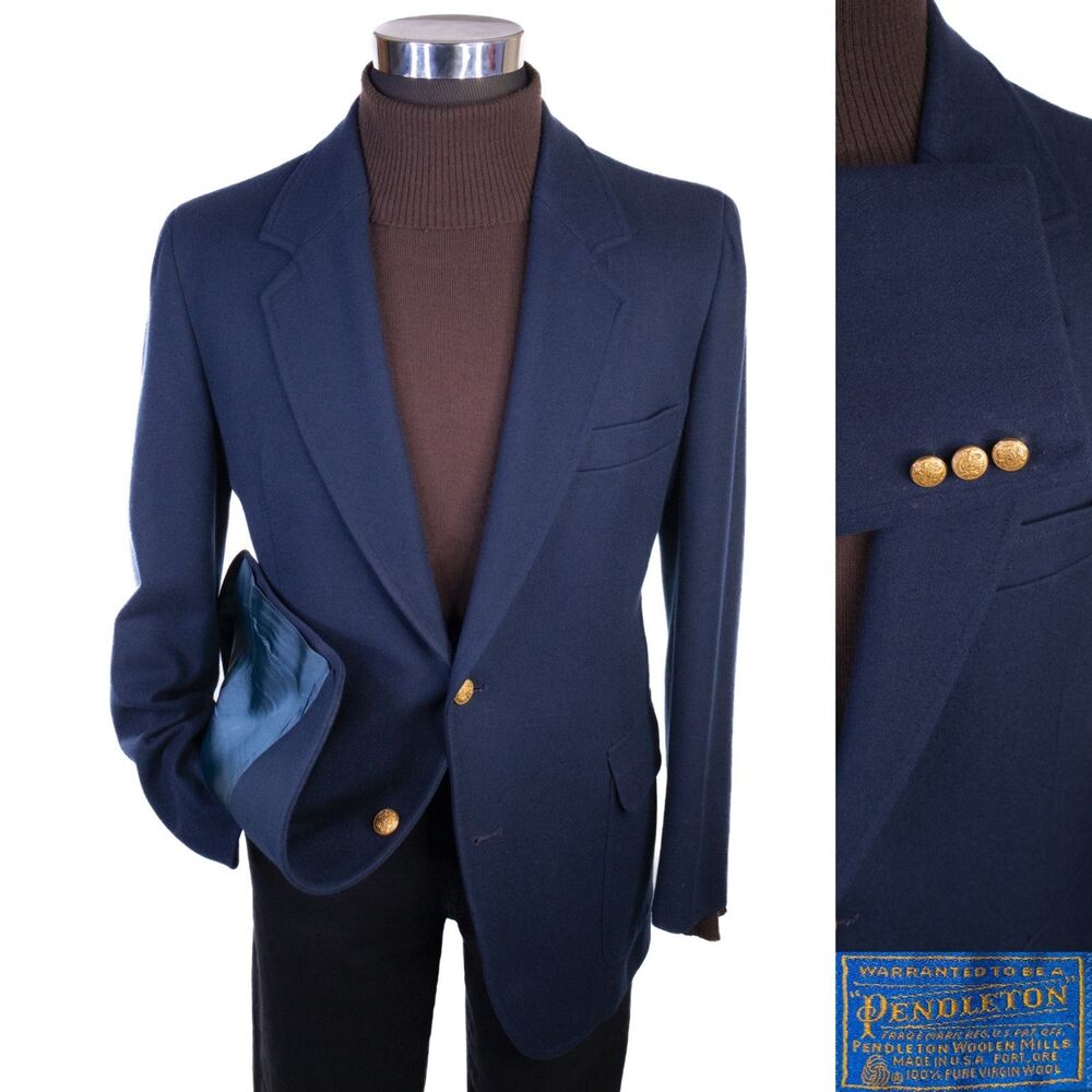 Pendleton Blazer 100% Pure Virgin Wool Jacket Navy Blue Gold Buttons Mens 42R